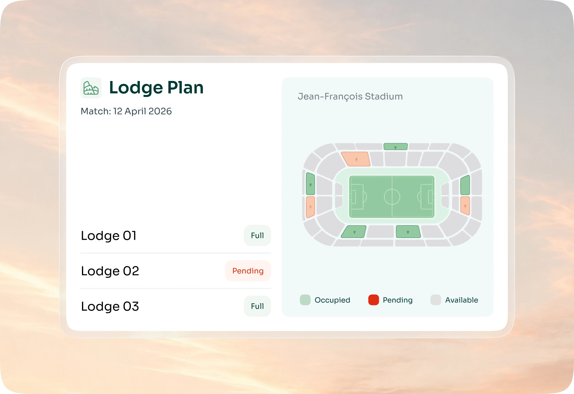 Piano dei palchi dello stadio per una partita: ogni palco completo, in attesa o disponibile