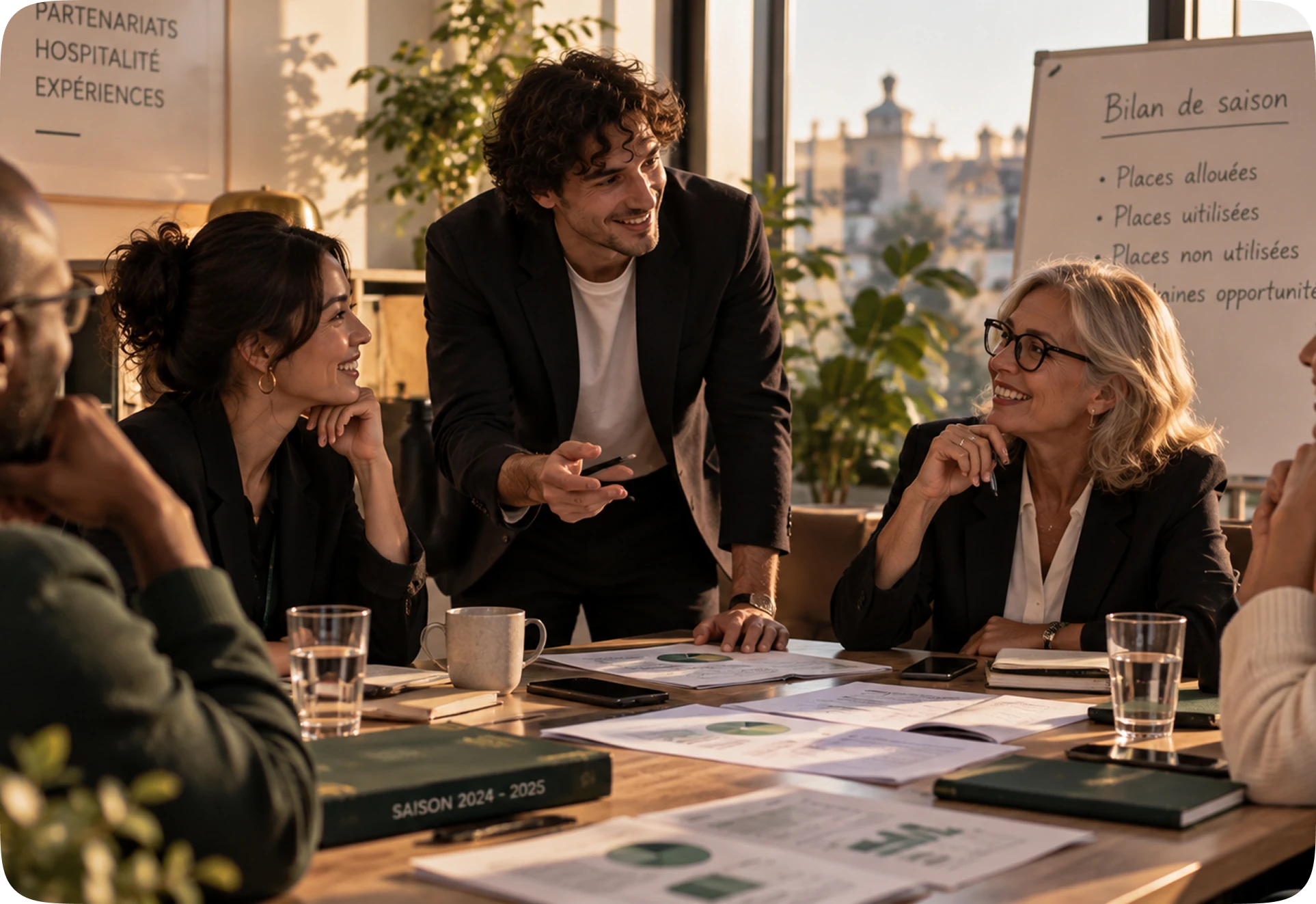 Réunion de bilan de saison autour d’une table : places allouées, utilisées, non utilisées, notées au paperboard