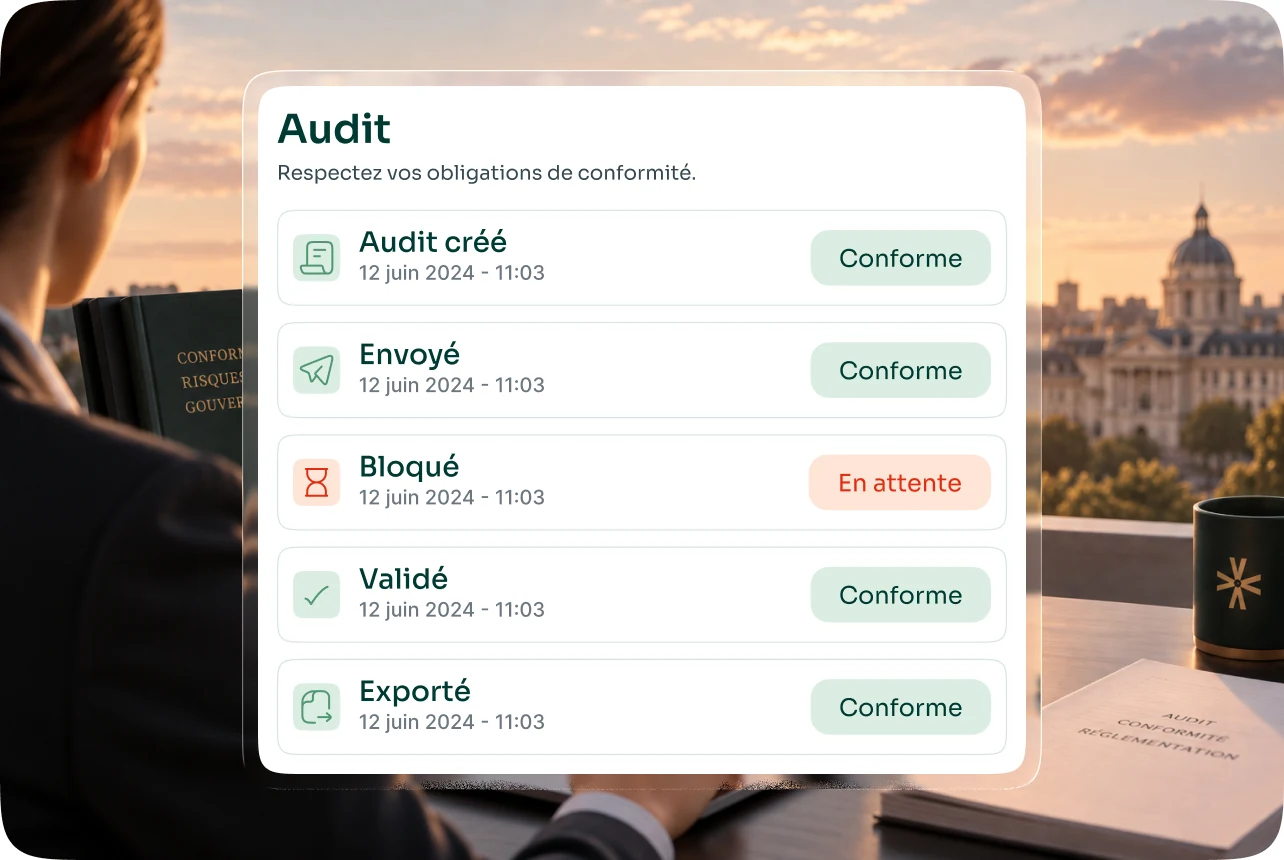 Journal d’audit Evenizer : chaque étape horodatée, avec son statut de conformité