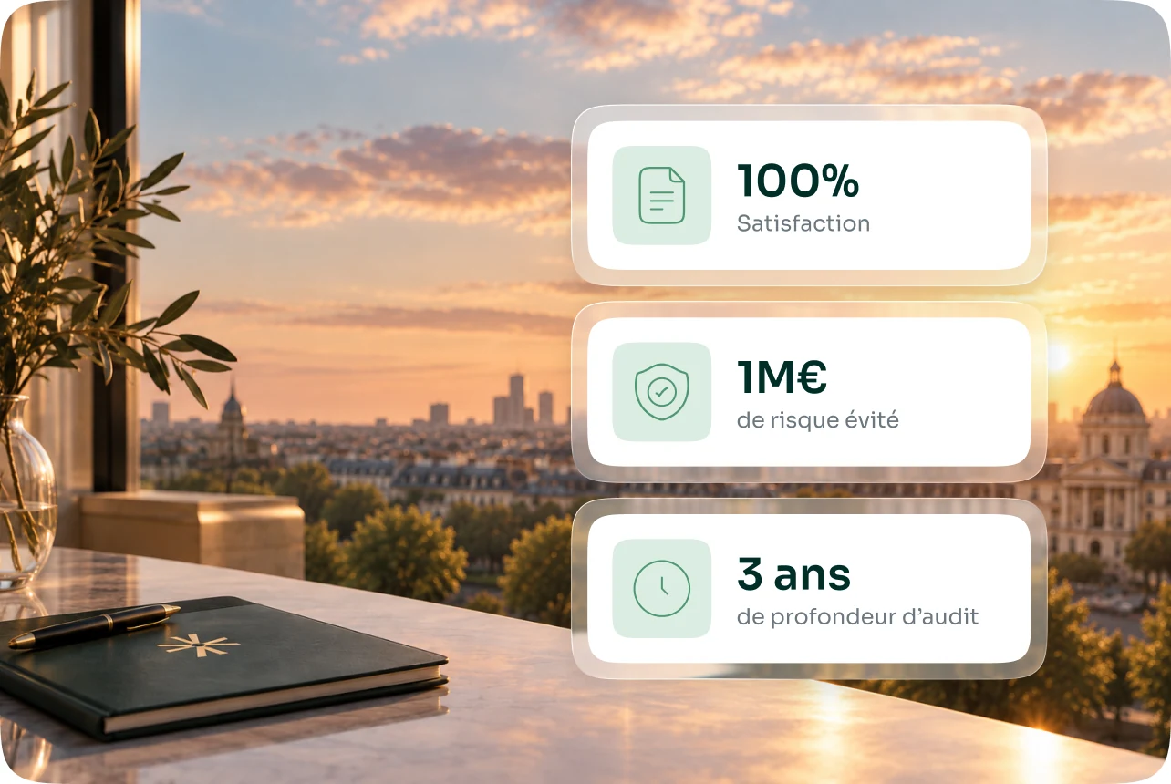 Three indicators: 100% satisfaction, €1M of risk avoided, 3 years of audit depth