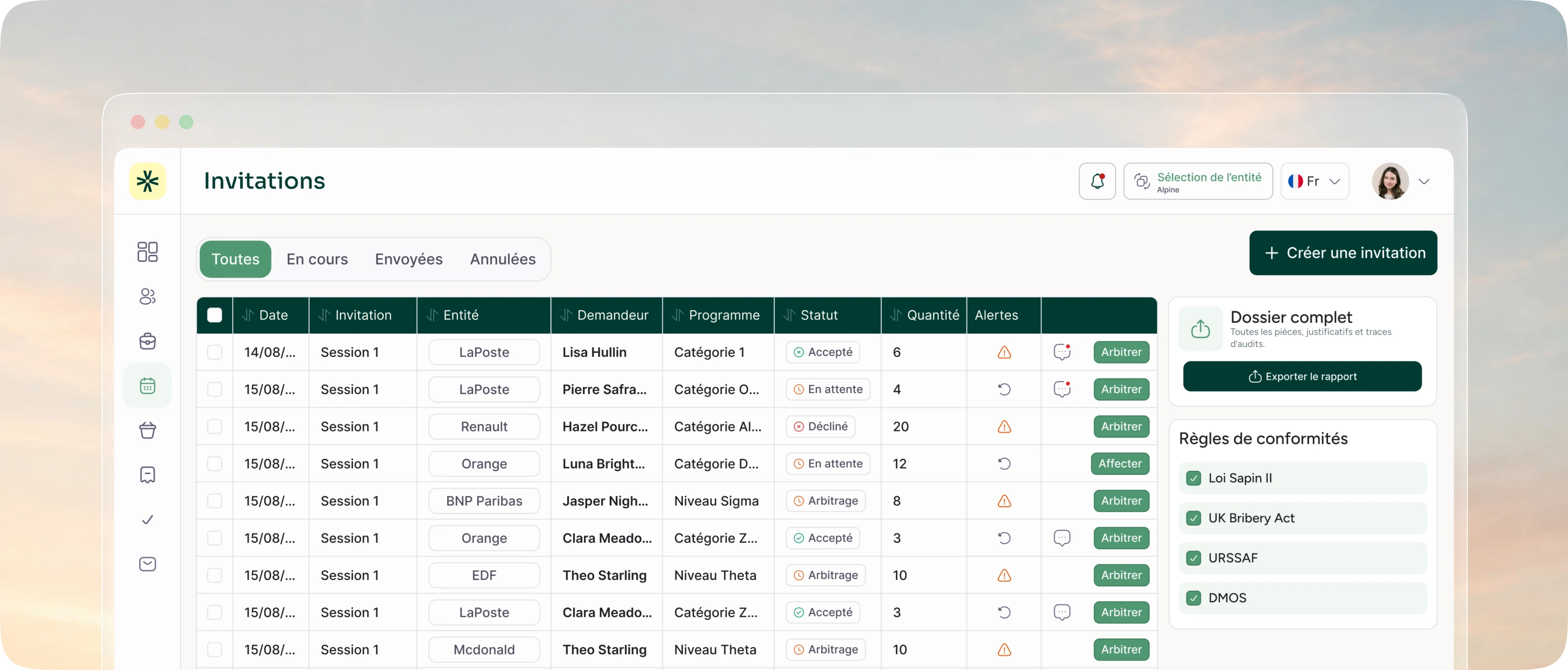 Evenizer’s Invitations screen: requests tracked entity by entity, with the compliance rules ticked on the right