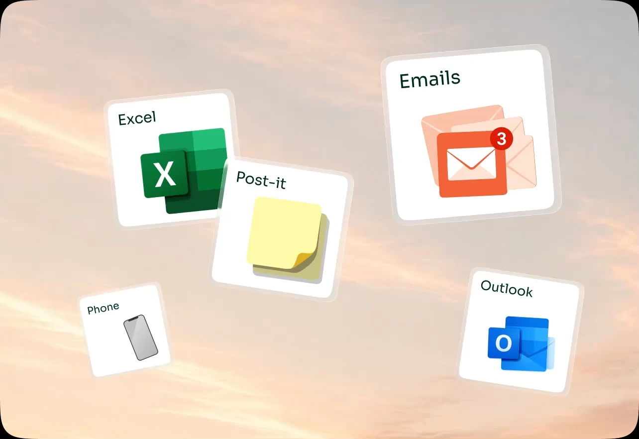 A “Today” card against the sky: scattered spreadsheets, stray emails, history that is hard to find