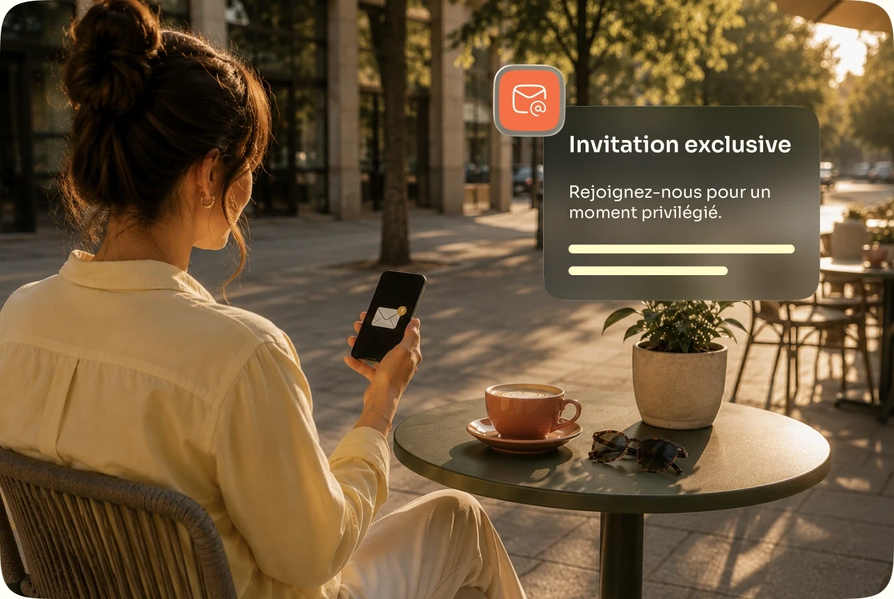 A guest reading her exclusive Evenizer invitation on her phone at a café terrace