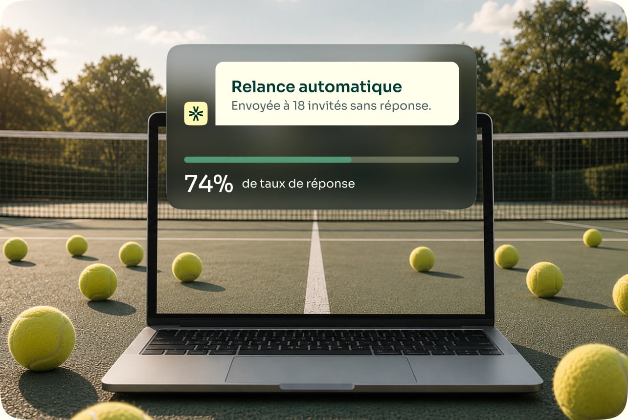 Relance automatique envoyée à 18 invités sans réponse, 74 % de taux de réponse