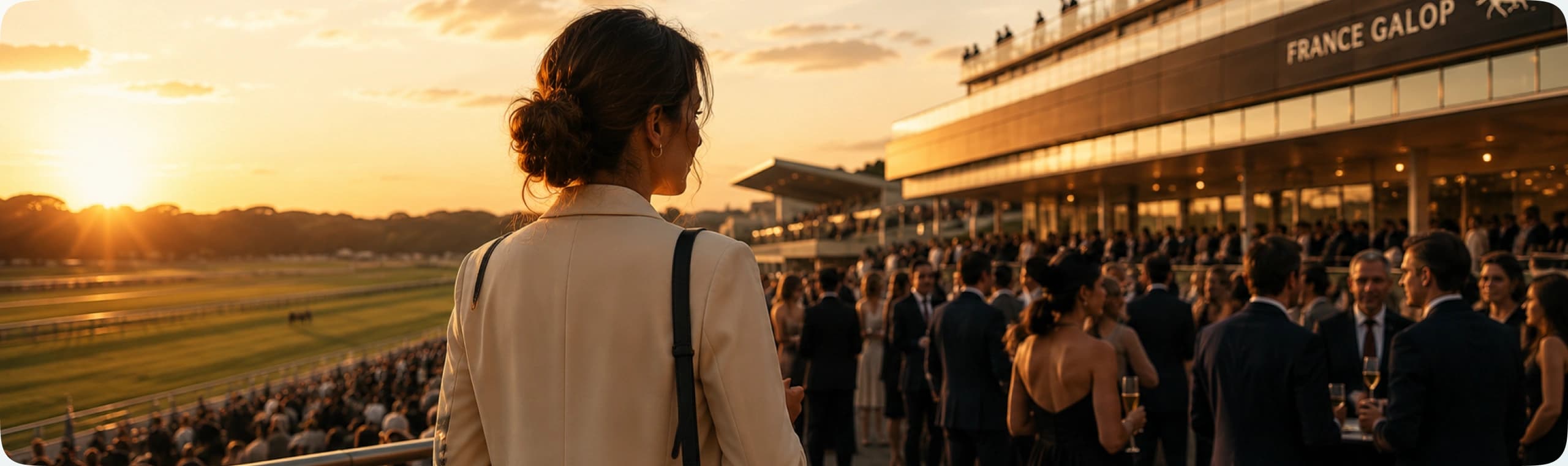 Invitée face à l’hippodrome de France Galop au coucher du soleil, tribunes en réception