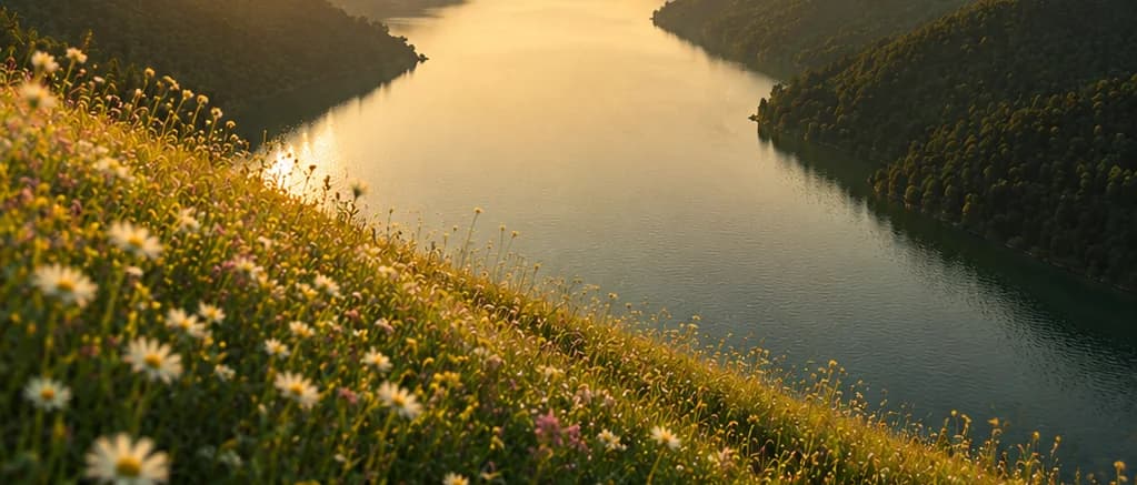 Nacelle suspendue à un hélicoptère au-dessus d’un lac de montagne au coucher du soleil