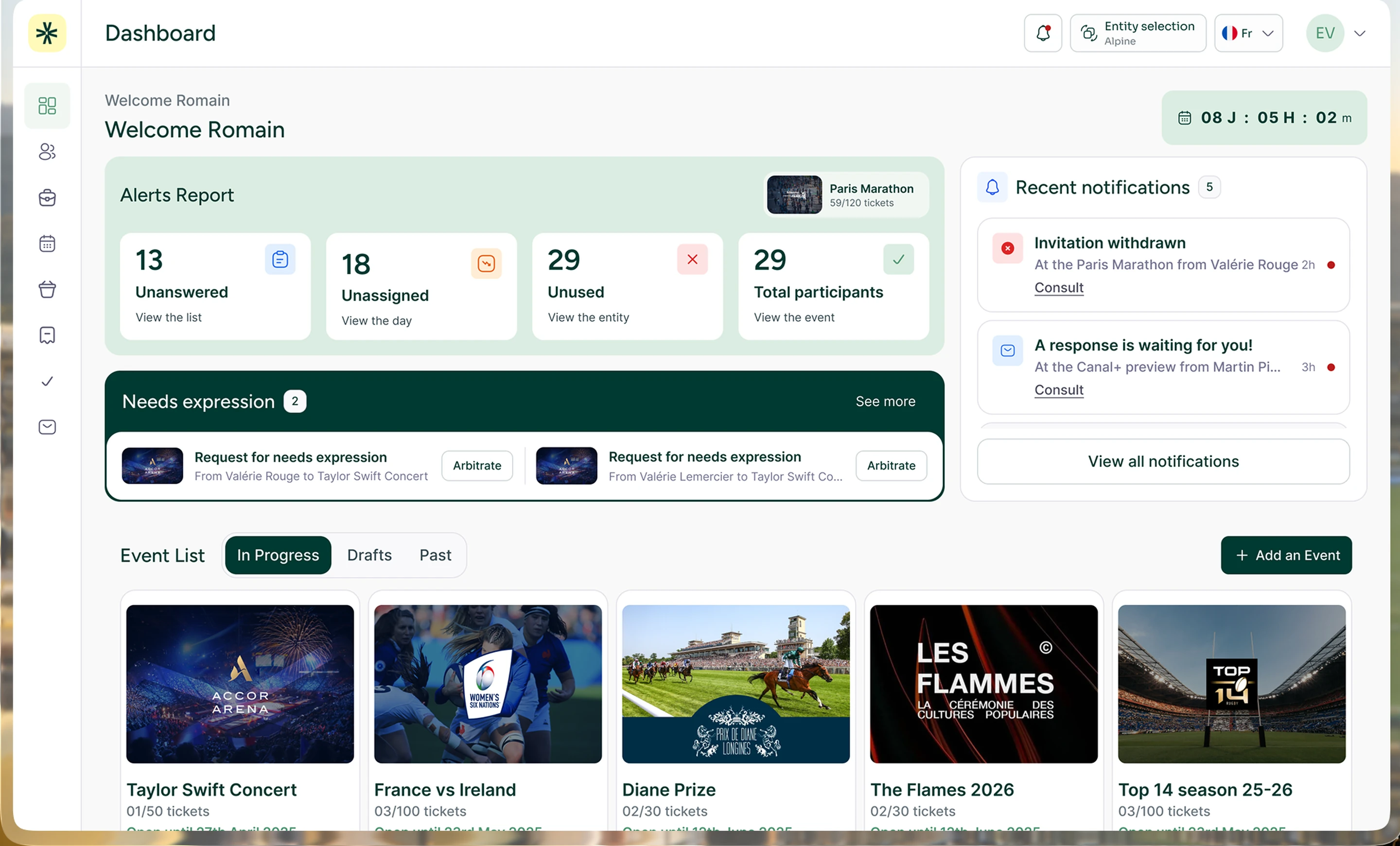 A look at the Evenizer dashboard